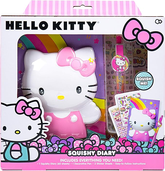 Hello Kitty Slow Rise Squishy Diary Kit for Kids DIY Kawaii Fidget Journal Soft Squeeze Sensory Cover Stickers and Pen Included Creative Writing Craft Toy Gift for Girls Ages 4 +