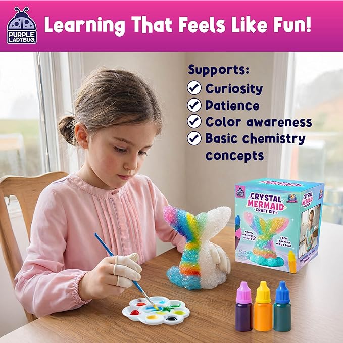 PURPLE LADYBUG Crystal Growing Kit for Kids - All-in-One Educational Gifts for Girls 8-12 Years Old, Crystal Making Experiment, Mermaid Theme STEM Kit for Girls, Fun Science Activity for Kids