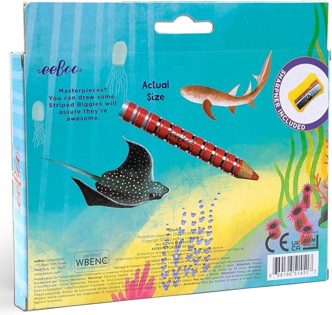 eeBoo: Striped Biggies 12 Color Pencils: Shark - 12pc Set w/ 6 Fluorescent & 6 Metallic Colors, Includes Sharpener, Art Supplies, Kids Ages 4+