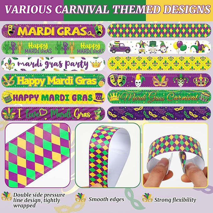 JUNEBRUSHS 56Pcs Mardi Gras Slap Bracelets, Mardi Gras Bracelets Bulk Carnival Wristbands for Kids Aldults Mardi Gras Party Favors Accessories Gifts Mardi Gras Throws for Bag Stuffers Fillers