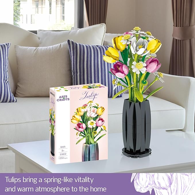 PUNIMA Tulips Building Blocks Set, Flowers Bouquet with Vase for Adults, Girls, Home, Office, Decor - 1250pcs