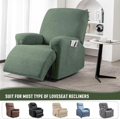 KinCam Recliner Covers, Stretch Reclining Chair Covers, Recliner Sofa Slipcovers Stripe Jacquard Recliner Couch Covers Furniture Protector Covers for Pet Kid (1 Seater, Greyish Green)