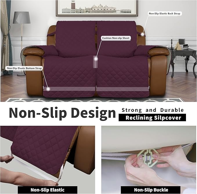 Easy-Going Recliner Sofa Cover, Reversible Couch Cover for Double Recliner, Split Sofa Cover for Each Seat, Furniture Protector with Elastic Straps for Kids, Dogs, Pets (2 Seater, Wine/Beige)
