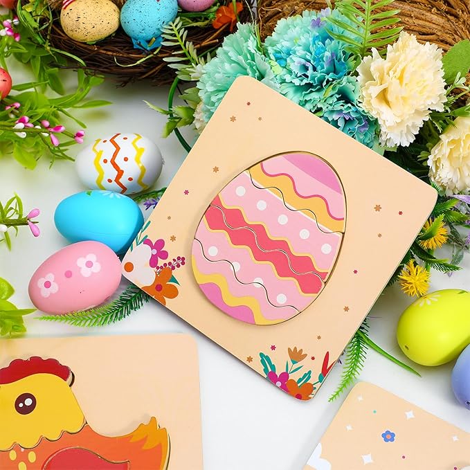 Easter Wooden Puzzles for Toddler - 4 Pack Basket Stuffers Fillers Puzzle Toys for Boys Girls, Jigsaw Learning Educational Gifts for Party Favors