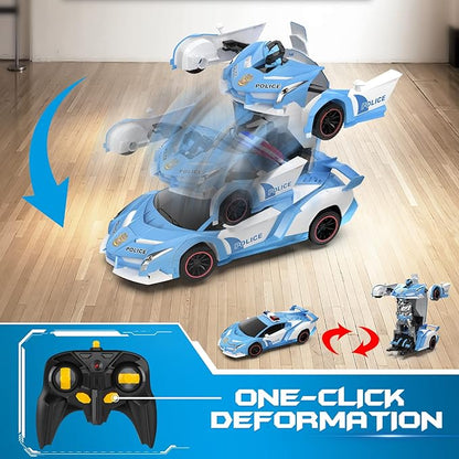 FDJ RC Cars - Transform Remote Control Car, 2.4Ghz 1:18 Scale Transforming Police Car Toy with Flashing Light, One Button Deformation 360 Degree Rotating Drifting Kids Toys Car for Boys Girls