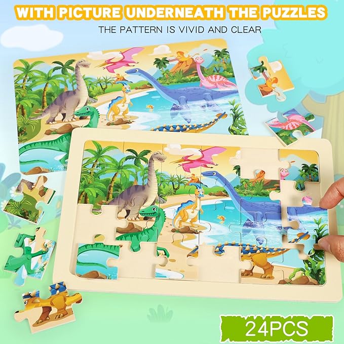 Wooden Puzzles for Kids Ages 4-6, 24 Piece Vehicle Car Construction Jigsaw Puzzles 4 Packs, Preschool Toddlers Learning Activity Puzzles Toys for Boys Girls 3 4 5 6 Years Old (Dinosaurs+Farm+Ocean)
