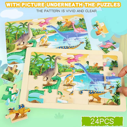 Wooden Puzzles for Kids Ages 4-6, 24 Piece Vehicle Car Construction Jigsaw Puzzles 4 Packs, Preschool Toddlers Learning Activity Puzzles Toys for Boys Girls 3 4 5 6 Years Old (Dinosaurs+Farm+Ocean)