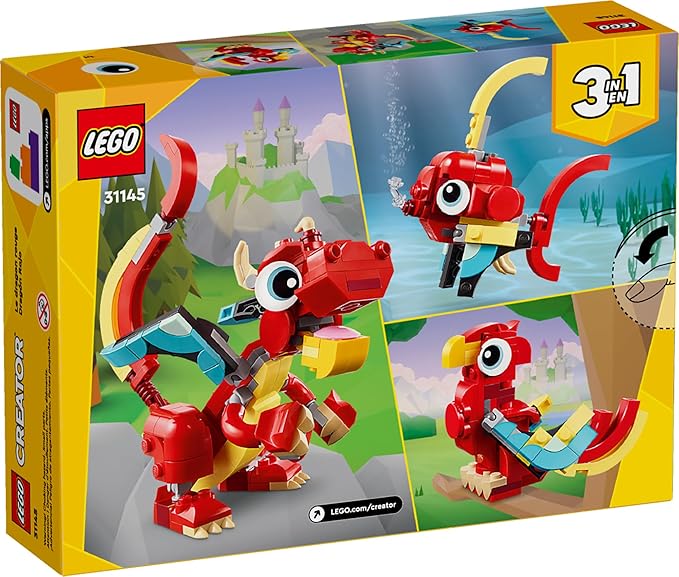 LEGO Creator 3 in 1 Red Dragon Toy, Transforms from Dragon Toy to Fish Toy to Phoenix Toy, Gift Idea for Boys and Girls Ages 6 and Up, Animal Toy Set for Kids, 31145