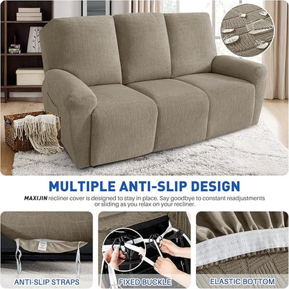 MAXIJIN Waterproof Recliner Couch Cover 5 Pieces Recliner Sofa Covers 3 Seater, Reclining Couch Furniture Protector with Elastic Straps & Pockets for Pet, Kids (Sofa Recliner, Khaki)