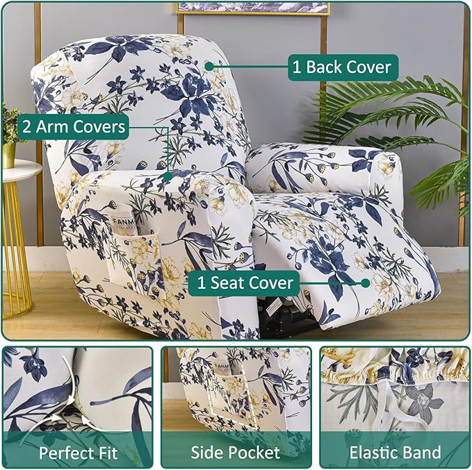 NILUOH Stretch Recliner Cover 4 Pieces Printed Lazy Boy Chair Covers Floral Patterned Recliner Sofa Slipcover Anti-Slip Fitted Furniture Protector with Elastic Bottom, A1