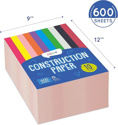 Alitte Construction Paper Assorted Colors - (600 Sheets, 9x12), Craft Paper, 10 Bright Colors - Bulk Pack Arts & Crafts Projects - Colored Paper For Preschool, Home, And Classroom Supplies