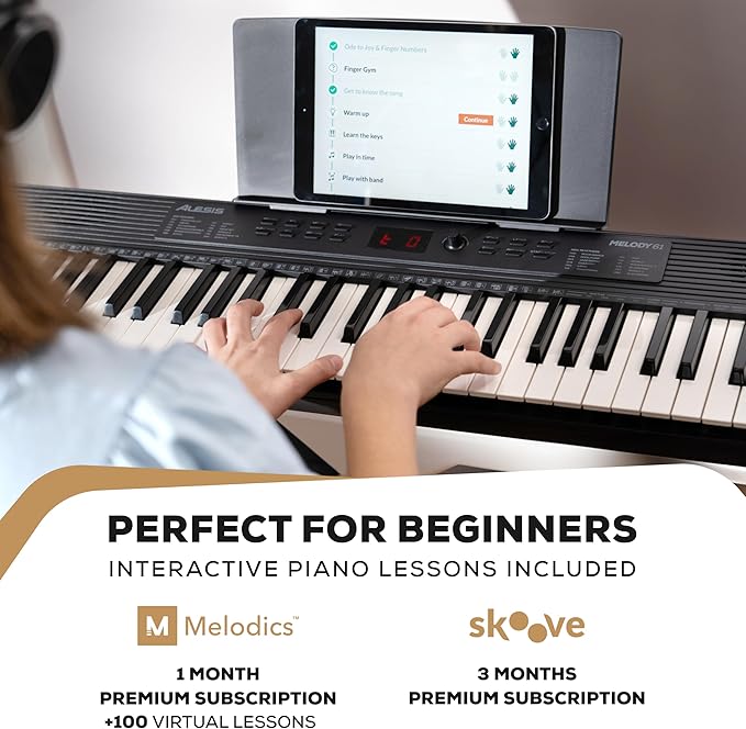 Alesis Melody 61 MK4 Keyboard Piano for Beginners with 61 Keys, Speakers, Stand, Bench, Headphones, Tablet/Sheet Music Stand, 300 Sounds and Music Lessons