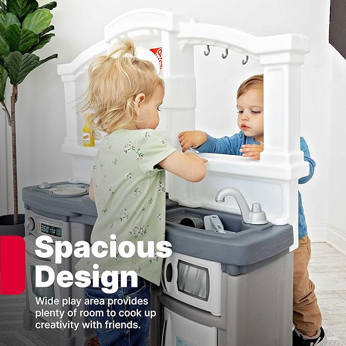 Step2 Fun with Friends Kids Kitchen Playset, Indoor/Outdoor Kitchenette with Lights & Sounds, Durable Plastic, 25-Piece Toy Accessories, Toddlers 2+ Years, Gray