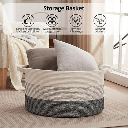 OIAHOMY 90L Blanket Basket for Living Room, Large Basket 23" x 23" x 13" with Handle, Laundry Hamper for Blankets, Pillows, Toy Storage for Kids, Dogs - Black and White