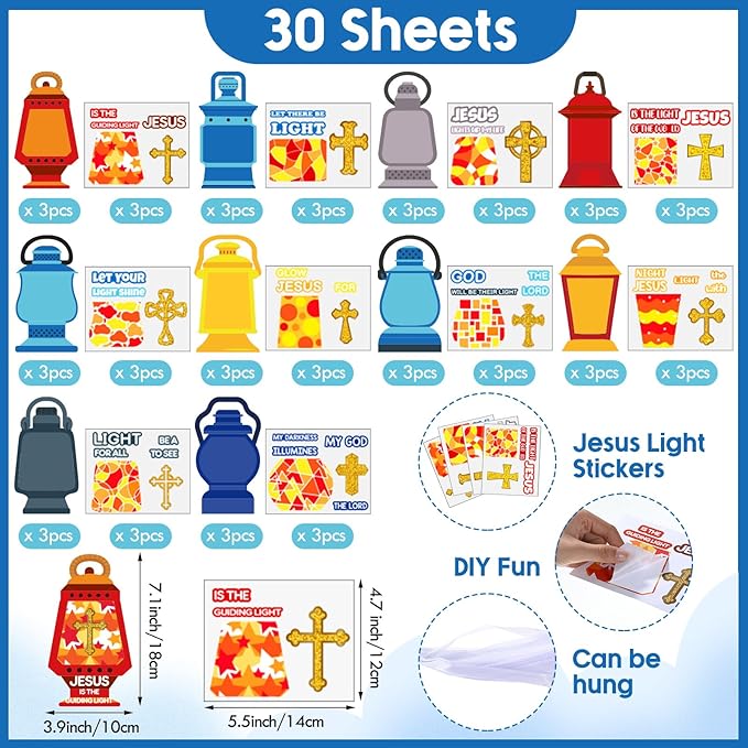 30 Sets Christian Crafts Jesus is The Lights Craft Stickers Bulk Bible Verse Religious Crafts for Kids Cross Ornaments DIY Oil Lamp Craft Kit for Sunday School Classroom Home Art and Craft