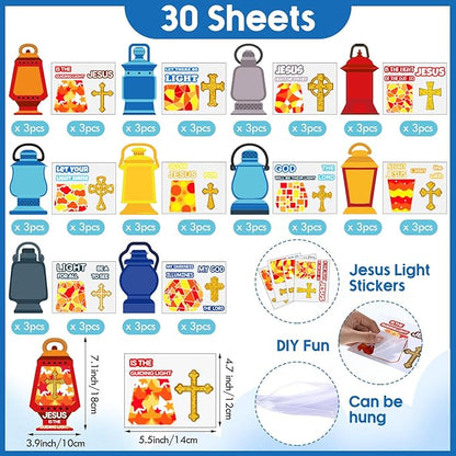 30 Sets Christian Crafts Jesus is The Lights Craft Stickers Bulk Bible Verse Religious Crafts for Kids Cross Ornaments DIY Oil Lamp Craft Kit for Sunday School Classroom Home Art and Craft