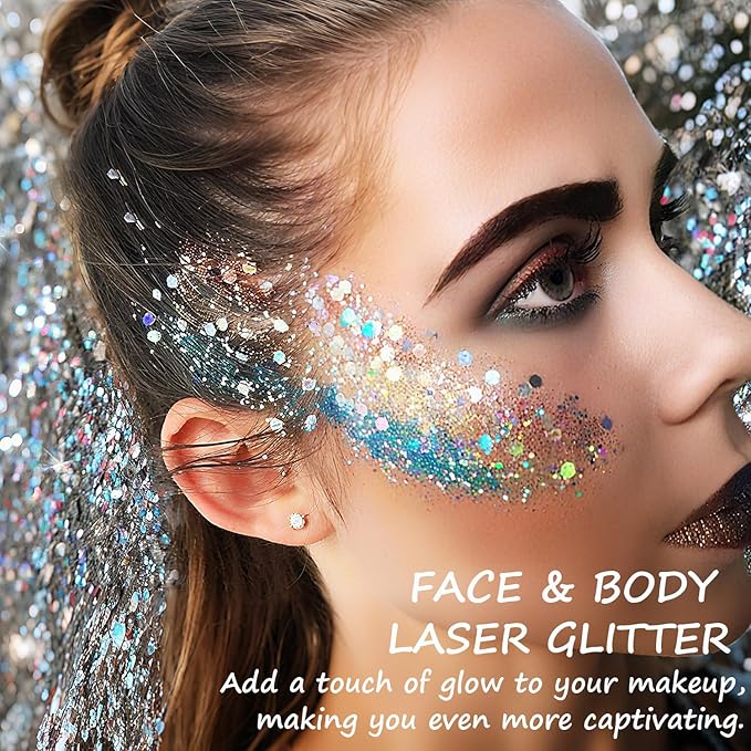 Hair Face Body Glitter Paint Set for Women, White Pink Blue Holographic Mermaid Sequins Chunky Glitter Makeup for Music Festival Rave Accessories, Easter, Wedding, Valentine, Prom