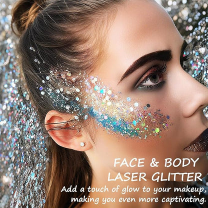 Hair Face Body Glitter Paint Set for Women, White Pink Blue Holographic Mermaid Sequins Chunky Glitter Makeup for Music Festival Rave Accessories, Easter, Wedding, Valentine, Prom