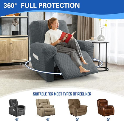 MAXIJIN Recliner Cover Slipcovers for Living Room 4 Pieces Stretch Jacquard Recliner Chair Cover Soft Fitted Recliner Protector with Elastic Bottom for Kids, Pets (Recliner, Dark Gray)