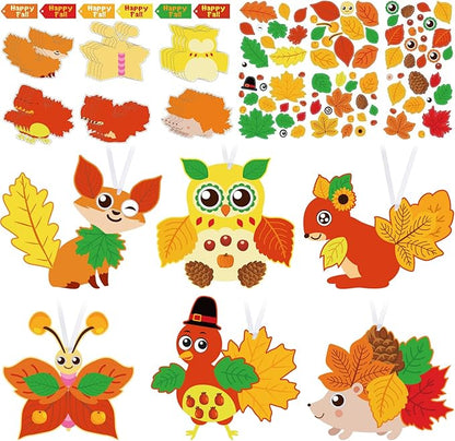 Fall Craft Kits for Kids Cute Animals Turkey Autumn Owl Crafts DIY Maple Leaves Thanksgiving Crafts Bulk for Fall Theme Party Home Classroom Game Activities Party Favors (48 Sets)