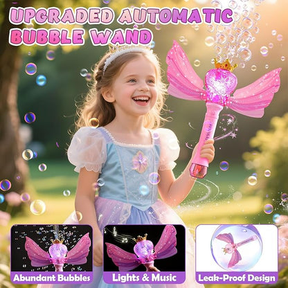 EagleStone Princess Bubble Wand for Kids Girls with LED Lights & Music, Fairy Bubble Machine Toy with 4 Bubble Solutions, Outdoor Bubble Toys for Toddlers Aged 3 4 5 6 7 8, Birthday Gift for Girls