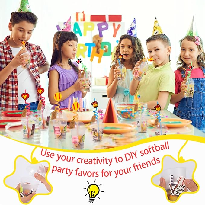 LiYiQ 158 Pcs Softball Party Favors Softball Party Supplies With Cup Straw Stress Ball Keychain Sticker Slaps Bracelets Whistle Thank You Tags For Softball Birthday Decorations (Softball)