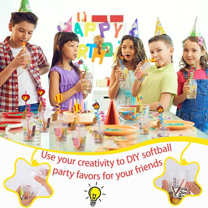 LiYiQ 158 Pcs Softball Party Favors Softball Party Supplies With Cup Straw Stress Ball Keychain Sticker Slaps Bracelets Whistle Thank You Tags For Softball Birthday Decorations (Softball)