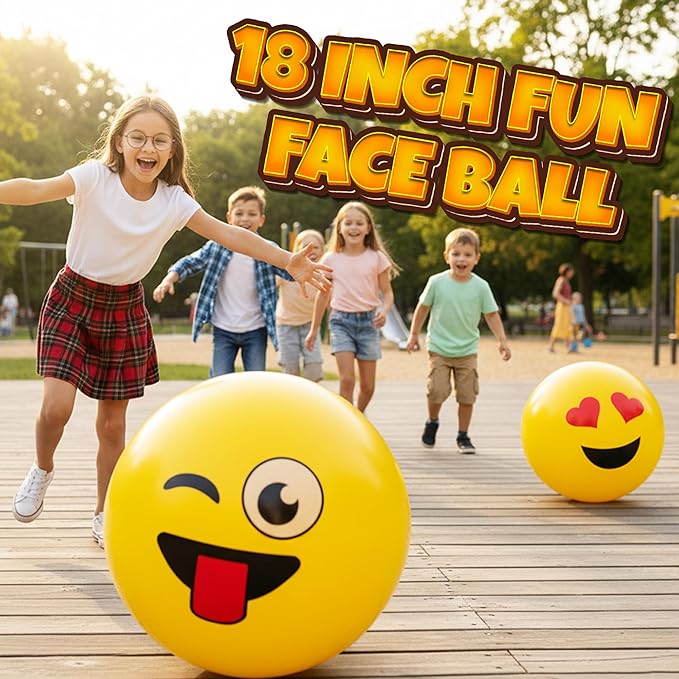 18-Inch Happy Face Playground Balls for Kids & Toddlers (2-Pack) - Jumbo Size Bouncy Balls w/Fun Smiley Designs - Lightweight Play Inflatable Kickballs for Boys & Girls