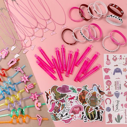 110Pcs Cowgirl Party Favors Hot Pink Princess Birthday Supplies for Girls, Cowgirl Straws Necklace Bubble Wands Silicone Bracelet Western Tattoo Stickers Rodeo Hot Pink Horse Party Favors