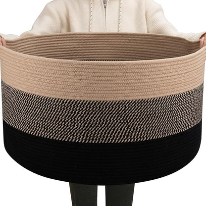 OIAHOMY 90L Blanket Basket for Living Room, Large Basket 23" x 23" x 13" with Handle, Laundry Hamper for Blankets, Pillows, Toy Storage for Kids, Dogs - Yellow and Black