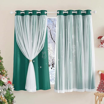 NICETOWN Double Layer Curtains - Hunter Green Curtains 84 inches Long with Sheer Overlay Nursery Panels for Bedroom/Living/Dining Room, Baby Kids, 52 W by 84 L, 2 Pieces
