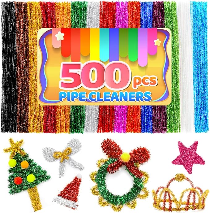 IOOLEEM 500pcs Glitter Pipe Cleaners, Chenille Stems, Pipe Cleaners for Crafts, Pipe Cleaner Crafts, Art and Craft Supplies.