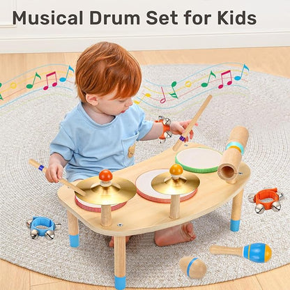 WINGYZ 11-in-1 Kids Drum Set – Montessori Baby Musical Toys & Wooden Musical Instruments for Toddlers 1-3, Music Table with Bongo Drums, Cymbals, Maracas & Wrist Bells for Early Rhythm Play