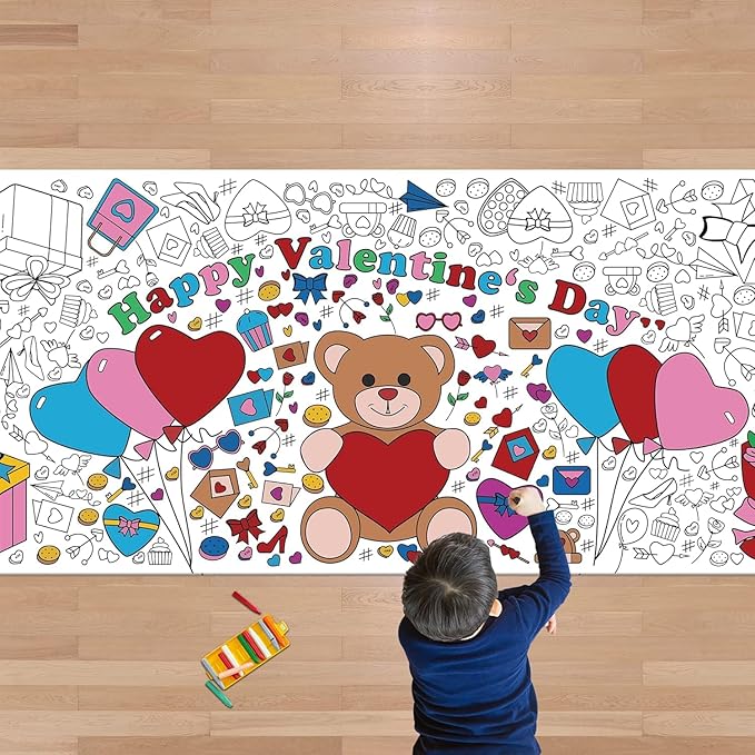 Valentines Giant Coloring Poster/Tablecloth-Valentines Day Gifts for Kids Classroom School-30 x 72 Inches Jumbo Coloring Banner Kids Crafts Games Activities Toys Decor Party Decorations