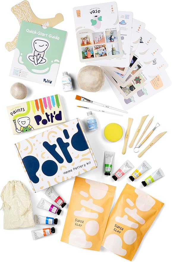 Pott'd Air Dry Clay for Adults. Beginners Home Pottery Kit for Adults. DIY Crafts Includes: Air-Dry Clay, Tools, Paints, Brushes, Sealant, Guides
