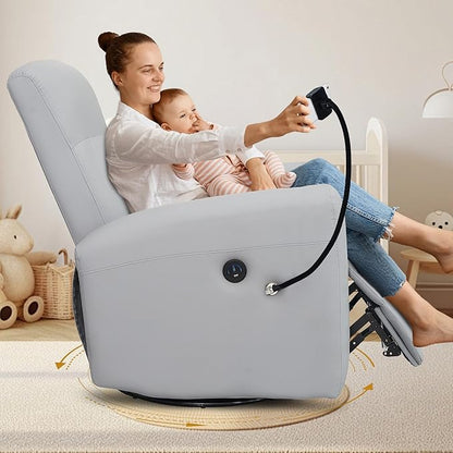 Power Swivel Glider Chair Nursery, Swivel Rocker Recliner with USB Ports, Rocking Chair with Microfiber Leather, Waterproof, Living Room, Nursery - Grey