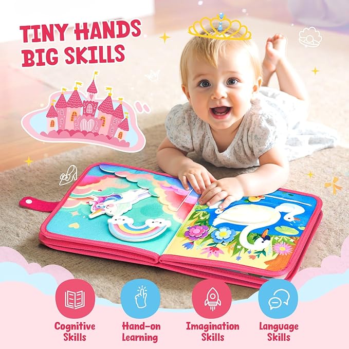 JoyCat Travel Toys for Toddlers 1-3, Princess Busy Book – Busy Book for 1 Year Old, Dress-Up, Unicorn & Castle Play –Quiet Toy Fine Motor Skills, Easter Basket Stuffers Gifts for Kids Girl