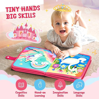 JoyCat Travel Toys for Toddlers 1-3, Princess Busy Book – Busy Book for 1 Year Old, Dress-Up, Unicorn & Castle Play –Quiet Toy Fine Motor Skills, Easter Basket Stuffers Gifts for Kids Girl