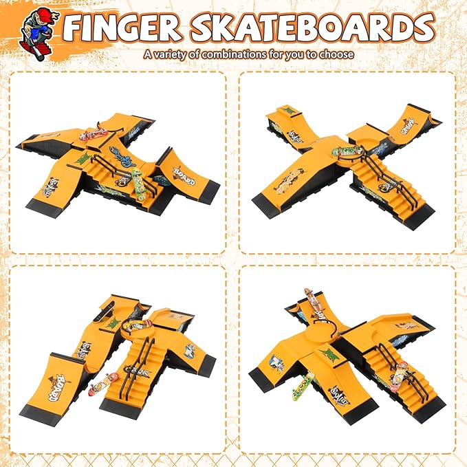 Finger Skateboard Ramps Set, 6-in-1 Bigger Fingerboard Skatepark Skate Park Kit Training Props with 6 Finger Skateboard 6 Finger Deck & Display Holder Finger Skate Toys for Kids & Adults Gifts