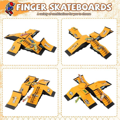 Finger Skateboard Ramps Set, 6-in-1 Bigger Fingerboard Skatepark Skate Park Kit Training Props with 6 Finger Skateboard 6 Finger Deck & Display Holder Finger Skate Toys for Kids & Adults Gifts