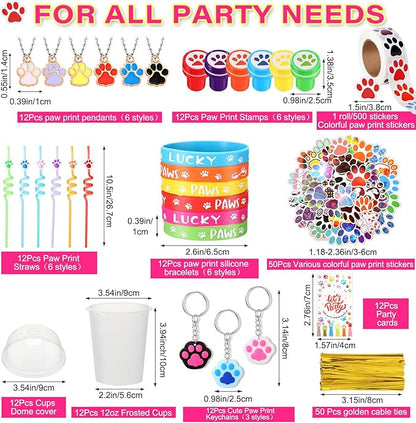 Gejoy 178 Pcs Dog Paw Party Favors Set Includes Paw Straws Cups Silicone Bracelet Keychain Stamper Sticker Pendant Chain Thank You Tag for Boy Girl Dog Theme Party Supplies(Dog Paw)