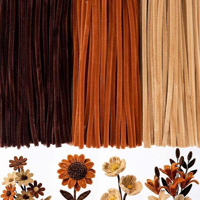 Caydo 300 Pieces Brown Pipe Cleaners for Flowers, Thick Fluffy Chenille Stems Bulk for Making Animals and Kids Creative Arts and Crafts