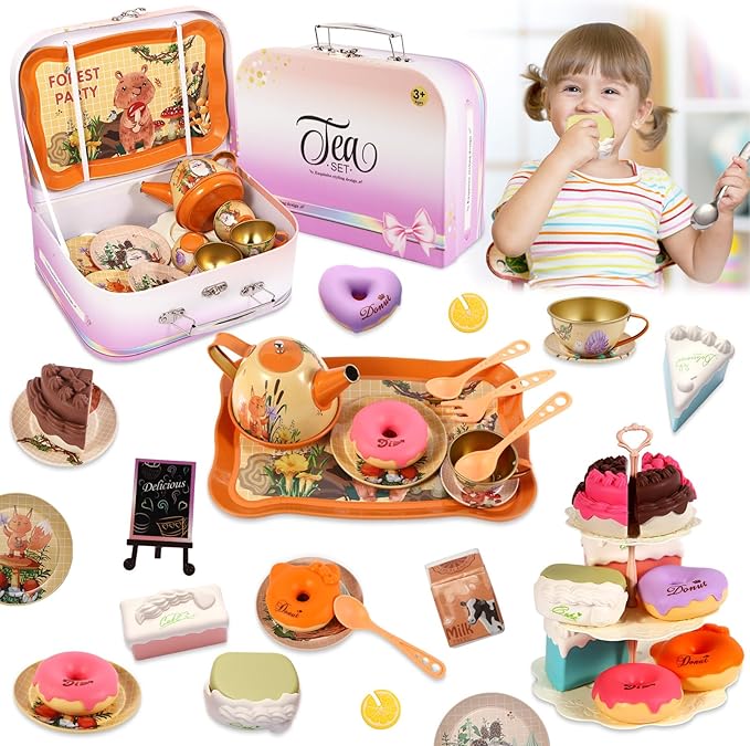 Tea Party Set for Toddlers 3-5 44 Pcs Bear Tin Teapot Set with Cups,Plates,Dessert and Carrying Case Pretend Play Kitchen Toys for Little Girls Birthday Gifts for 3 4 5 Year Old