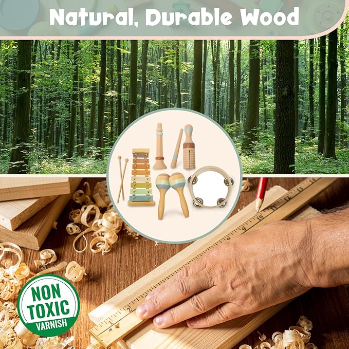 Stoie's Wooden Musical Instruments for Toddlers 1-3 - Montessori Music Toys for 1 Year Old, with Xylophone, Tambourine and More - Aids Educational Development and Creativity -Baby Musical Instruments