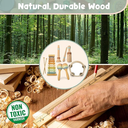 Stoie's Wooden Musical Instruments for Toddlers 1-3 - Montessori Music Toys for 1 Year Old, with Xylophone, Tambourine and More - Aids Educational Development and Creativity -Baby Musical Instruments