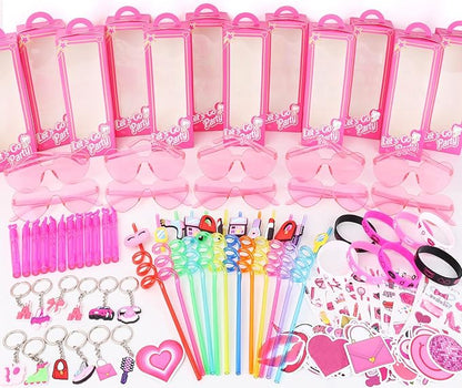 132Pcs Pink Girls Party Favors Pack, Goodie Box Stuffers Includ Heart Glasses Straws Bubble Wands Tattoo Sticker Bracelet Keychain Etc, for Kids Girls Birthday Party decoration Supplies