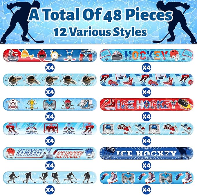 48 PCS Ice Hockey Slap Bracelets Party Favors Ice Hockey Wristbands Bracelets Goodie Bag Fillers for Ice Hockey Birthday Decorations Supplies for Class Reward Prizes Gift for Kids Party Favors