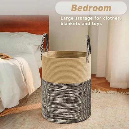 JMvicyroam Large Woven Laundry Basket Hamper,100L Cotton Rope Storage Bin for Blankets,Toys and Clothes,Decorative Tall Nursery Hamper for Living Room,Baby Nursery,Bathroom and Bedroom,Brown and Black