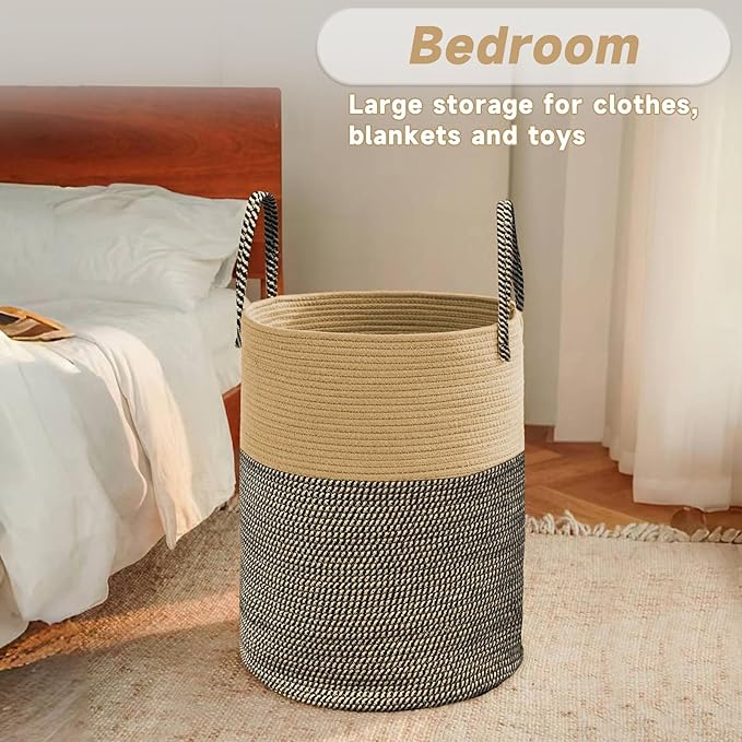JMvicyroam Large Woven Laundry Basket Hamper,80L Cotton Rope Storage Bin for Blankets,Toys and Clothes,Decorative Tall Nursery Hamper for Living Room,Baby Nursery,Bathroom and Bedroom,Brown and Black