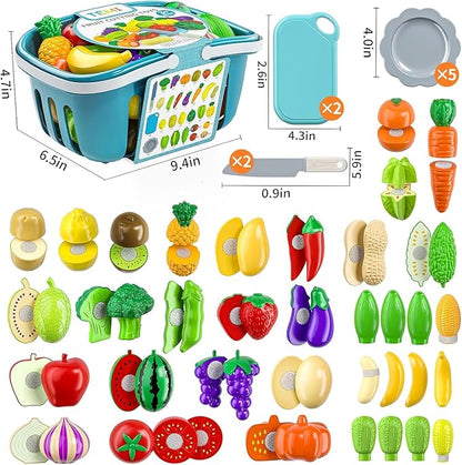 TEMI 70 Pieces Cutting Play Food Toy for Kids Kitchen - Pretend Fruit and Vegetables Accessories Toys for 3 4 5 6 Girls with Storage, Dishes and Knife, Educational Kitchen Toy for Toddlers Age 3-5